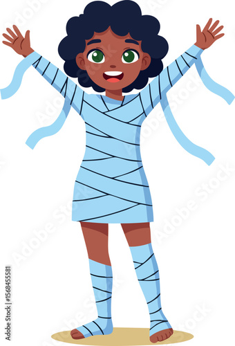 Child wearing mummy costume with bandages in Halloween celebration vector illustration 