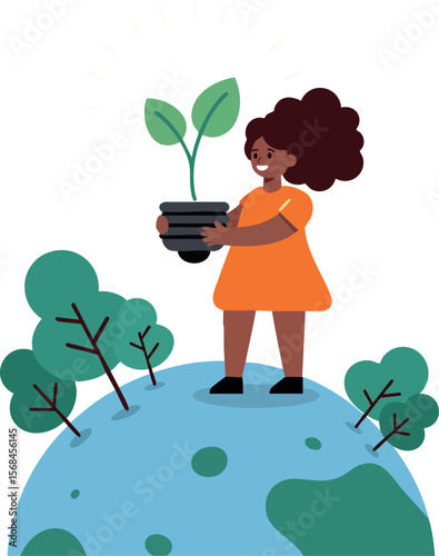 Woman holding potted plant on small planet environmental care illustration vector 