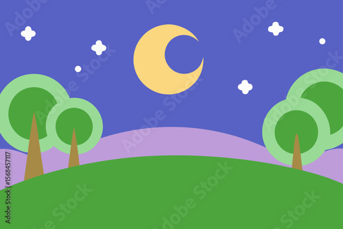 Peaceful Garden Hills With Moon And Stars Overhead