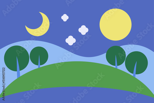 Peaceful Garden Hills With Moon And Stars Overhead