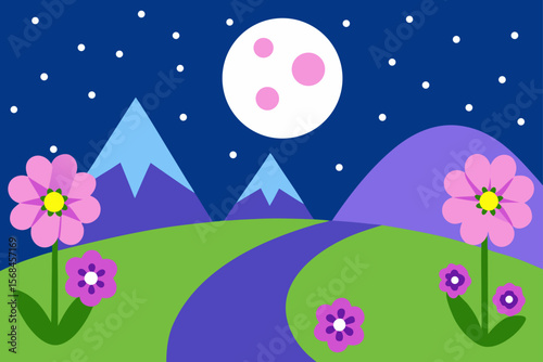 Nighttime Vector Scene Of Floral Valley And Hills Under Stars
