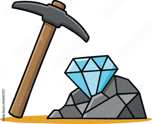 Diamond mining pickaxe with blue gemstone and gray rock vector illustration 