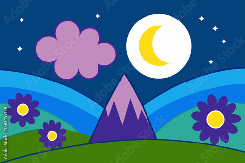Nighttime Vector Scene Of Floral Valley And Hills Under Stars