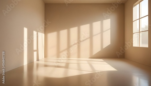 A minimalist room bathed in soft sunlight, creating a calming atmosphere with serene shadows and reflections.