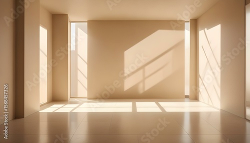 Empty minimalist room with sunlight and shadows creating an inviting interior space.