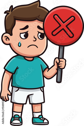 Sad boy holding red cross sign expressing refusal or denial in cartoon style vector illustration