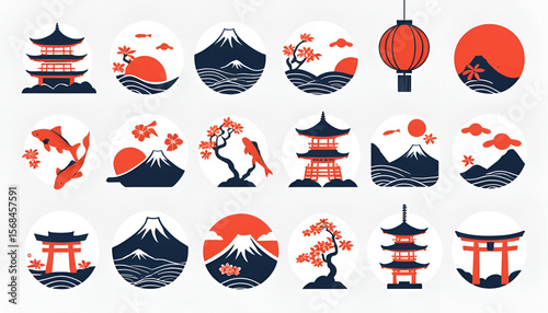 Japanese culture icons arranged in circles features Mount Fuji, pagoda, torii gate, koi fish, sun and lantern.