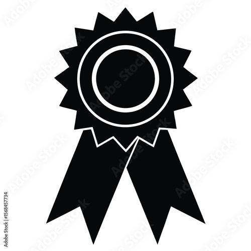Black and white award ribbon with pointed edges and two hanging ribbons first place winner