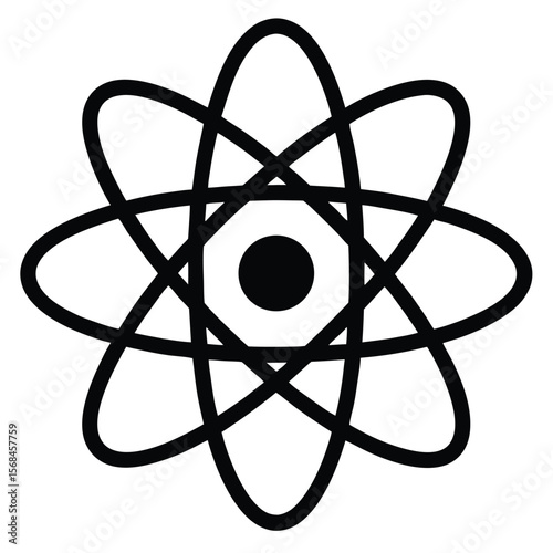 Black and white atomic structure symbol with orbiting electrons science