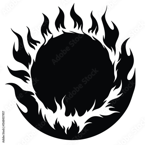 Black circle surrounded by stylized flames fire white