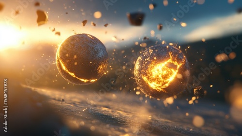 Two spheres exploding in a fiery display.