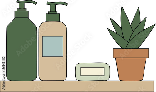 Green plant with soap bar and lotion bottles on wooden shelf simple natural skincare essentials vector illustration