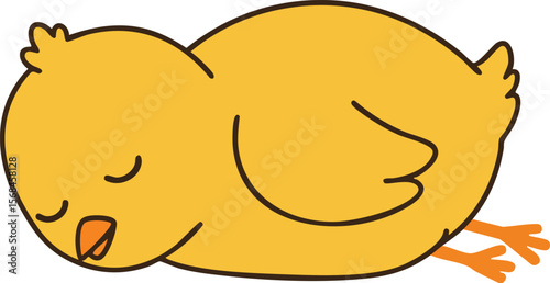 Sleeping yellow chick cartoon vector illustration with closed eyes and orange beak lying on side
