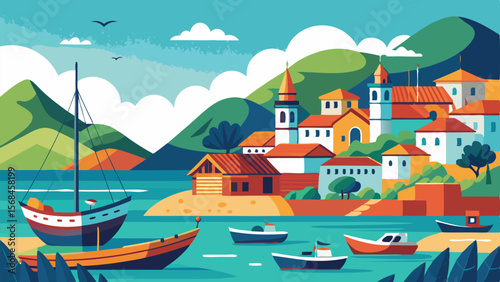 Colorful Coastal Village Illustration with Boats and Mountains, Tranquil Seaside Town Artwork