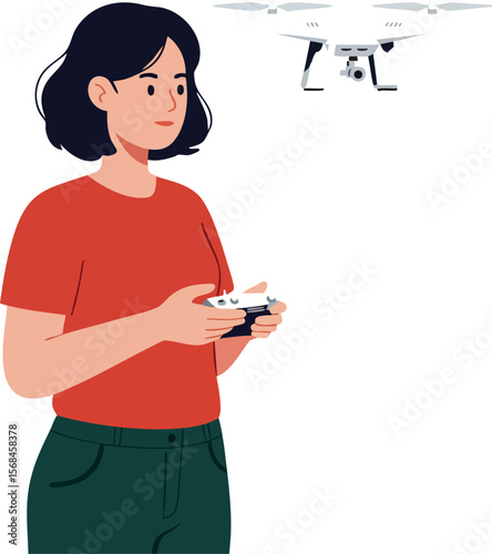 Woman controlling white drone with remote control in casual outfit vector illustration 