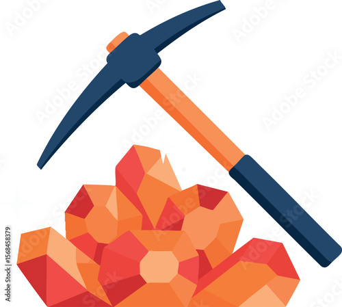 Mining pickaxe with orange gemstones vector illustration in flat style for industry and minerals concept 