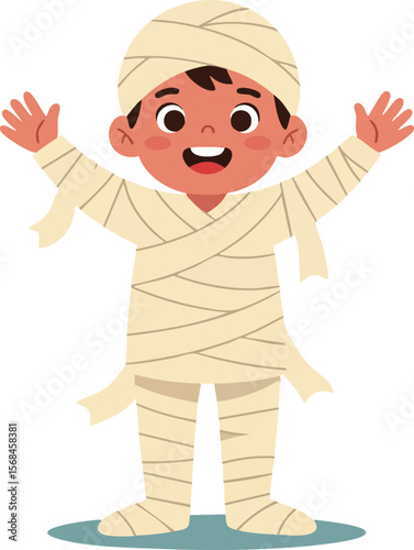 Child dressed as mummy Halloween costume happy kid in bandage outfit illustration vector 