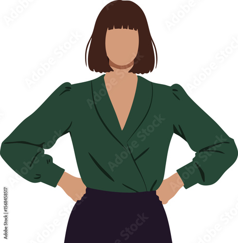 Woman wearing green blouse with puff sleeves and dark skirt standing with hands on hips vector illustration