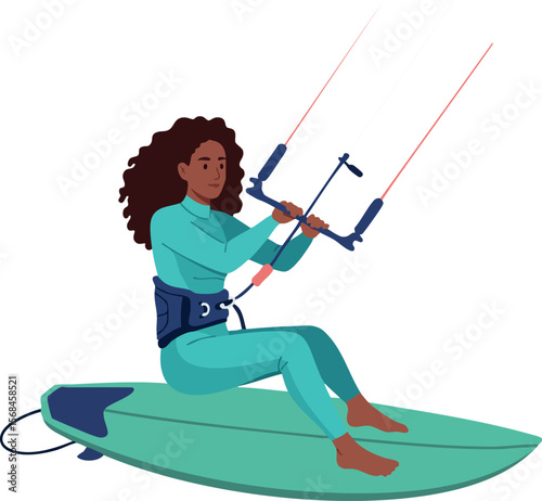 Woman kite surfing on green board in blue wetsuit active water sport vector illustration 