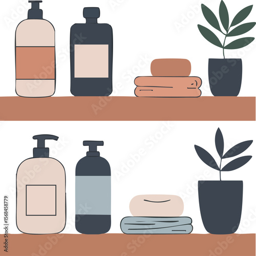 Bathroom shelf with skincare bottles folded towels and potted plants minimal vector design for home spa or hygiene decor