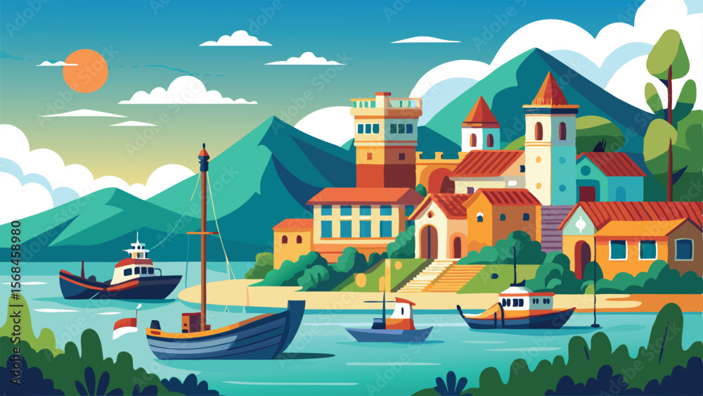 Naklejka premium Colorful Illustration of a Mediterranean Town with Boats on Water and Mountains in the Background