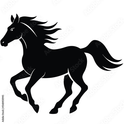 Black horse galloping with flowing mane and tail silhouette running