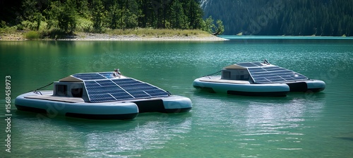 Solar-powered boats cruising silently on water, showcasing clean energy and futuristic marine technology
