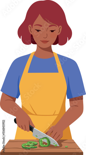 Woman chopping green bell pepper on wooden board kitchen cooking vector illustration 
