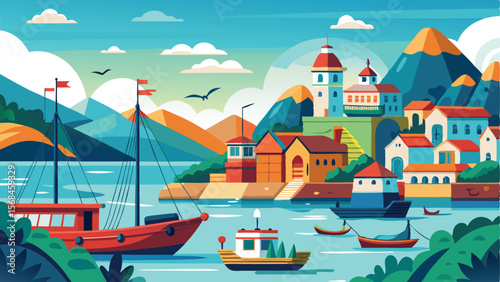 Colorful Seaside Village Vector Illustration Featuring Boats, Houses, Mountains, and Clear Blue Sky
