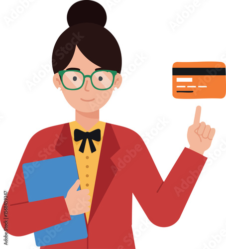 Businesswoman holding credit card and folder flat vector illustration design 