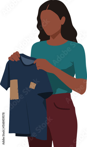 Woman holding torn navy blue shirt with patches in casual outfit vector illustration