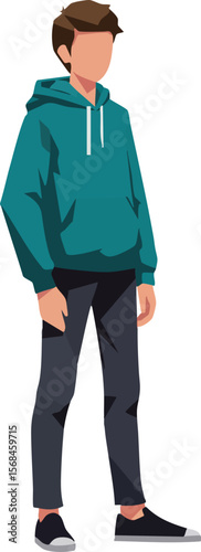 Young man standing wearing teal hoodie and black pants casual style vector illustration