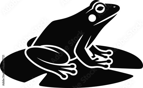 Black silhouette of a frog sitting on lily pad on white background.eps