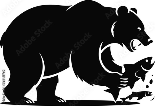 Black silhouette of a grizzly bear catching fish on white background (1).eps