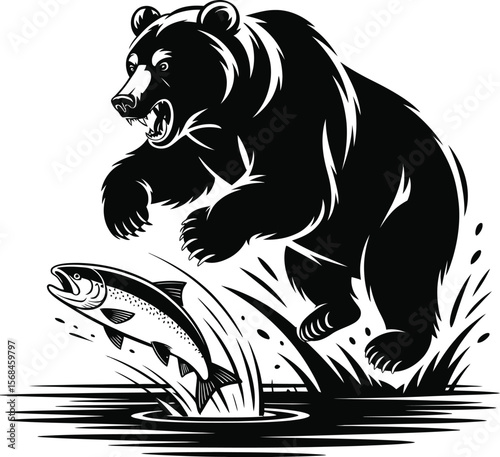 Black silhouette of a grizzly bear catching fish on white background (2).eps