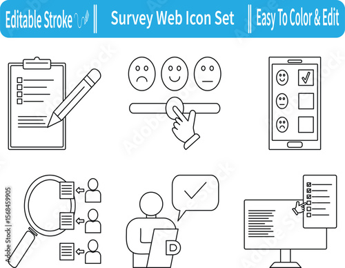 Survey web icon set. Editable stroke icons of form, poll, feedback, emotions, checklist, user analysis, and mobile rating. Perfect for UX, apps, and business.