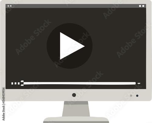 Computer monitor screen with video player interface showing play button and progress bar vector illustration