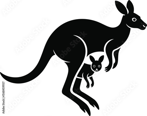 Black silhouette of a kangaroo with baby in pouch on white background.eps