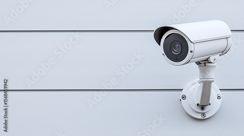 Security camera mounted on the outside wall. The camera is white and mounted onto the wall. The camera is a modern design, providing enhanced security.
