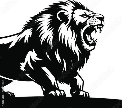 Black silhouette of a lion roaring with open mouth on white background (2).eps