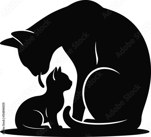 Black silhouette of a mother cat licking kitten on white background (2).eps