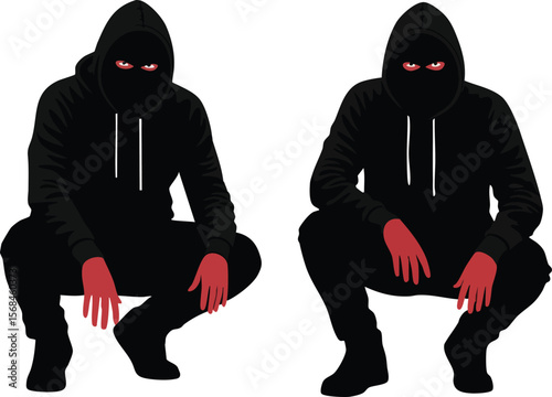 Two crouching figures in black hoodies with red hands and glowing eyes mysterious dark characters vector illustration