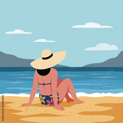 Woman relaxing on sandy beach wearing sun hat and floral swimsuit by calm sea under blue sky with clouds