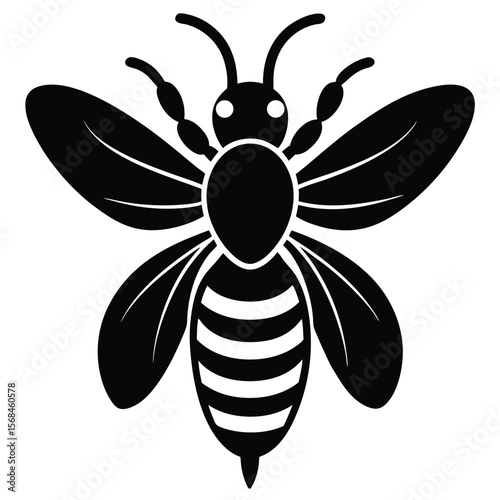 Black silhouette of a bee with detailed wings and striped abdomen insect white