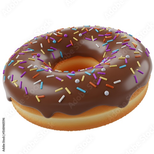 A 3D rendered image of a chocolate donut. Its glazed and covered in colorful sprinkles. The donut is isolated on a white background.