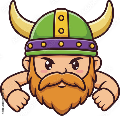 Viking warrior head with green horned helmet and orange beard angry expression vector illustration