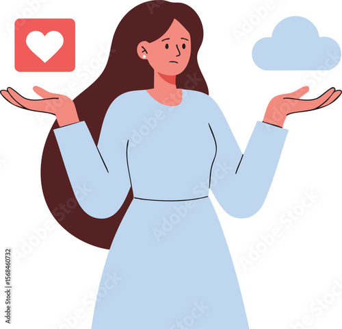 Woman weighing social media like heart icon and cloud technology vector illustration with confused expression
