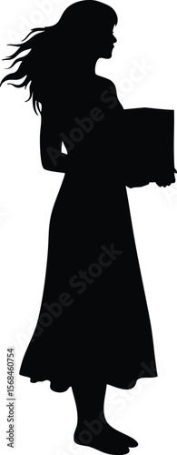 Silhouette of woman holding box with flowing hair standing barefoot in long dress vector illustration