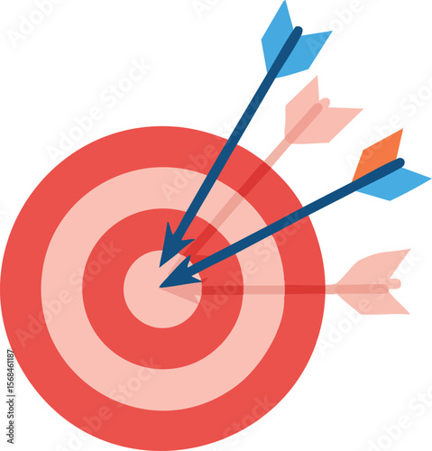Target with arrows hitting bullseye in flat style vector illustration for accuracy concept 