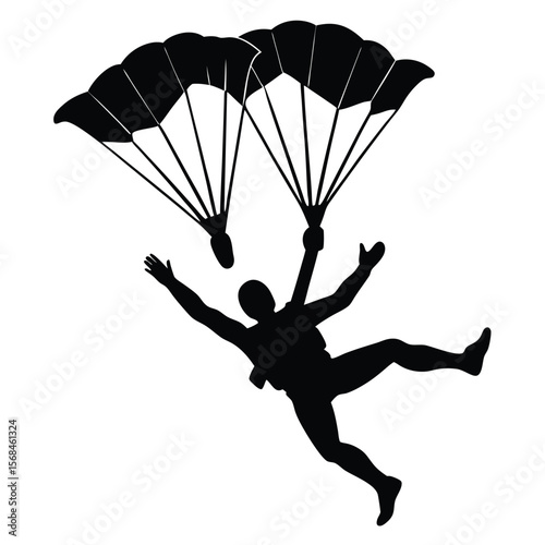 Black silhouette of skydivers with open parachutes falling freefall